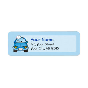 Blauwe auto met bellen etiket