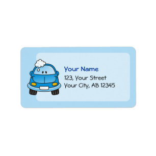 Blauwe auto met bellen etiket