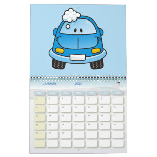 Blauwe auto met bellen kalender