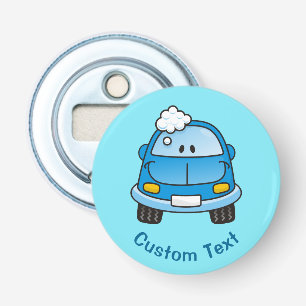 Blauwe auto met bubbels flesopener button flesopener