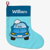 Blauwe auto met bubbels kerstkous grote kerstsok (Voorkant)