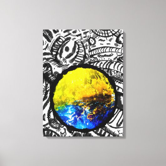 Blauwe auto met gele bloemen canvas afdruk (Voorkant)