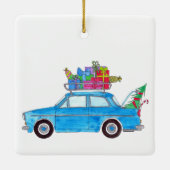Blauwe auto met kerstcadeautjes Waterverf Keramisch Ornament (Achterkant)