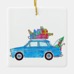 Blauwe auto met kerstcadeautjes Waterverf Keramisch Ornament