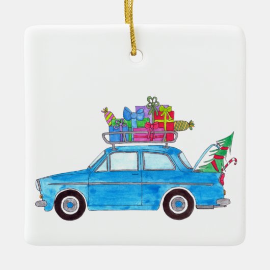 Blauwe auto met kerstcadeautjes Waterverf Keramisch Ornament (Voorkant)