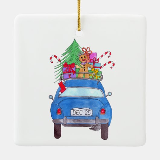 Blauwe auto met kerstcadeautjes Waterverf Keramisch Ornament (Achterkant)