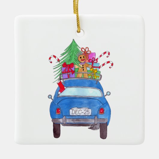 Blauwe auto met kerstcadeautjes Waterverf Keramisch Ornament (Voorkant)