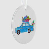 Blauwe auto met kerstcadeautjes Waterverf Ornament (voorkant)