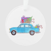 Blauwe auto met kerstcadeautjes Waterverf Ornament (voorkant)