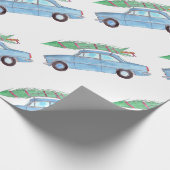 Blauwe auto met Waterverf kerstboom Cadeaupapier (Hoek)