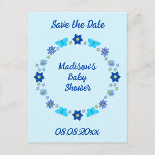 Blauwe Baby Boy Vlinders en Bloem Bewaar de Datum Briefkaart