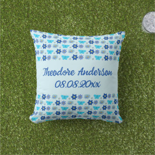 Blauwe Baby Boy Vlinders en Bloemen Custom Buitenkussen