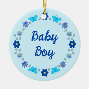 Blauwe Baby Boy Vlinders en Bloemen Custom Keramisch Ornament