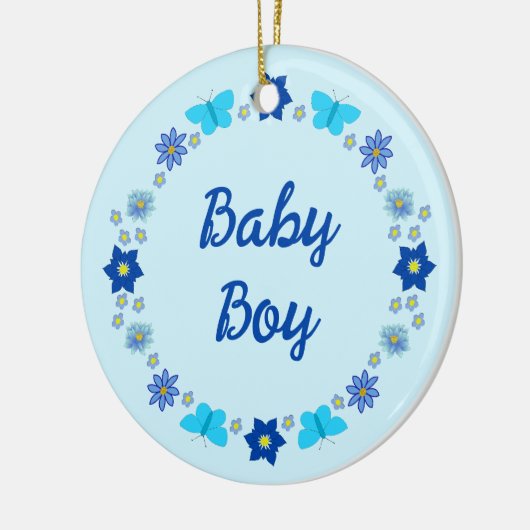 Blauwe Baby Boy Vlinders en Bloemen Custom Keramisch Ornament (Links)