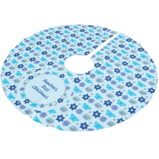 Blauwe Baby Boy Vlinders en Bloemen Custom Kerstboom Rok (Gekanteld)