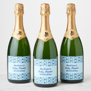 Blauwe Baby Boy Vlinders en Bloemen Custom Sparkling Wijnetiket