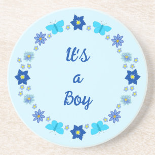 Blauwe Baby Boy Vlinders en Bloemen Custom Zandsteen Onderzetter