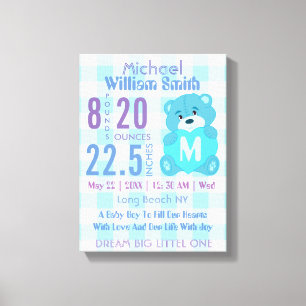 Blauwe baby jongen geboorte statistieken muur deco canvas afdruk