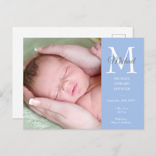 Blauwe baby jongen initiële monogram foto dank je briefkaart (Voorkant / Achterkant)