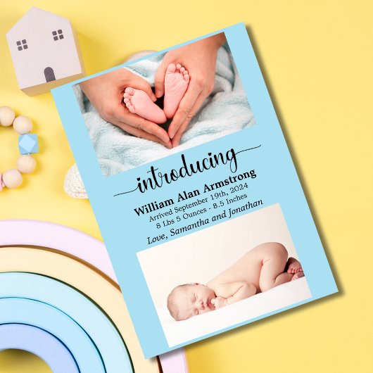 Blauwe Baby Jongen Maat en Gewicht Foto Geboorte Aankondiging