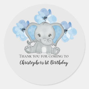 Blauwe Baby Jongen Olifant Bloemen Ballonnen Verja Ronde Sticker