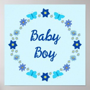 Blauwe Baby Jongen Vlinders en Bloemen Aangepast Poster