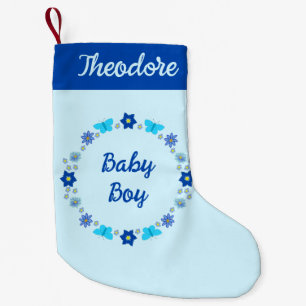 Blauwe Baby Jongen Vlinders en Bloemen Aangepaste  Kleine Kerstsok