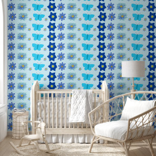 Blauwe Baby Jongen Vlinders en Bloemen met patrone Behang