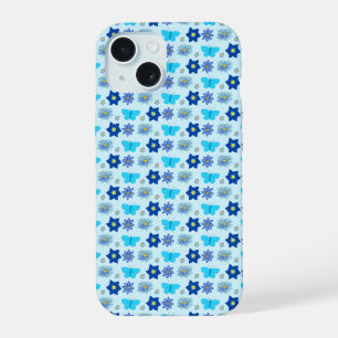 Blauwe Baby Jongen Vlinders en Bloemen met patrone iPhone 15 Hoesje