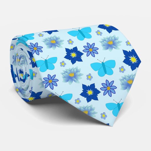 Blauwe Baby Jongen Vlinders en Bloemen met patrone Stropdas (Opgerold)