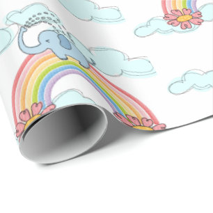 Blauwe Baby olifant regenboog wolken inpakpapier