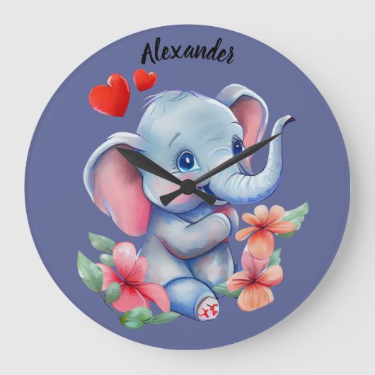 Blauwe Baby olifant wandklok Grote Klok (Voorkant)