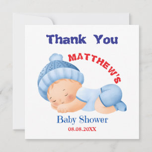 Blauwe baby shower, baby jongen shower bedankkaart