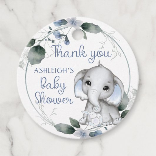 Blauwe Baby shower Elephant Waterverf Hartelijk da Bedankjes Labels (Voorkant)