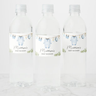 Blauwe babykleding Baby shower Waterfles Etiket