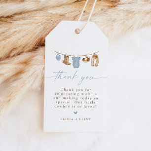 Blauwe babykleertjeslijn Kleine Cowboy baby shower Cadeaulabel