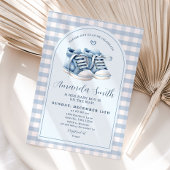 Blauwe babyschoenen jongen schoentjes geruit boog kaart