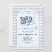 Blauwe babyschoenen jongen schoentjes geruit boog kaart (Voorkant)