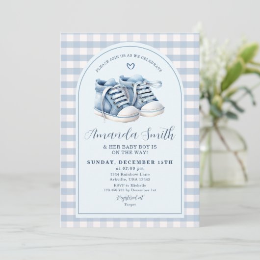 Blauwe babyschoenen jongen schoentjes geruit boog kaart (Staand voorkant)