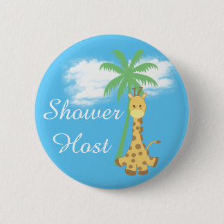 Blauwe babyshower gastheer giraffe badges ronde button 5,7 cm