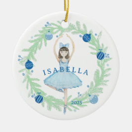 Blauwe ballerina en kerstkrans keramisch ornament