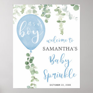 Blauwe ballon eucalyptus baby sprinkhaan welkomstb poster