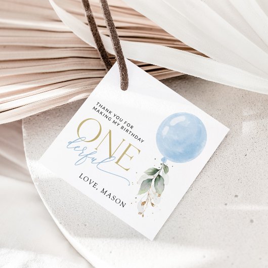 Blauwe ballon, eucalyptus, groen, eerste verjaarda bedankjes labels