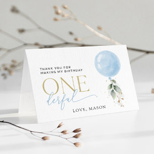 Blauwe ballon, eucalyptus, groen, eerste verjaarda bedankkaart