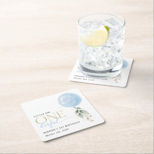 Blauwe ballon, eucalyptus, groen, eerste verjaarda vierkante kartonnen onderzetter