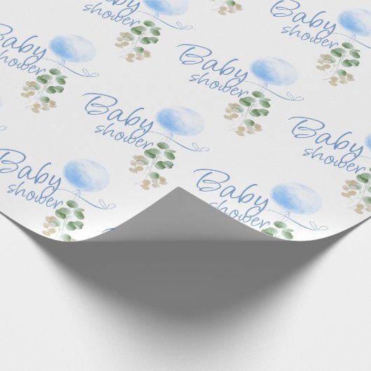 Blauwe ballon Eucalyptus Jongen Baby Shower Cadeaupapier (Hoek)