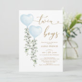 Blauwe ballon Eucalyptus Sweeat Twin Boys Kaart (Staand voorkant)