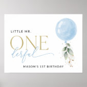 Blauwe ballon, groen, eerste verjaardag Welkom Poster (Voorkant)