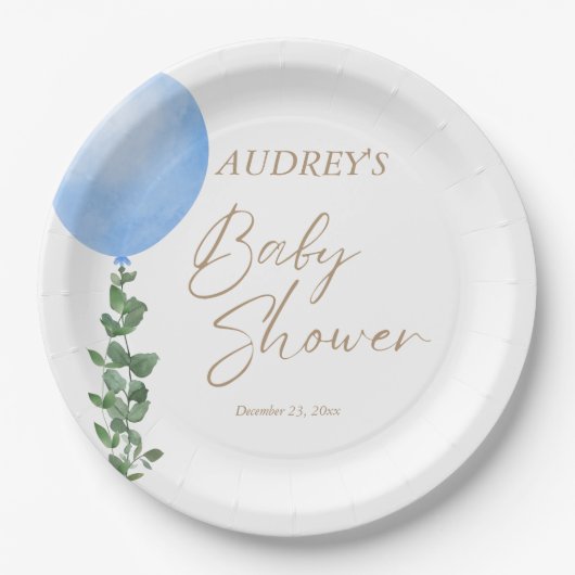 Blauwe ballon Waterverf Baby Boy Shower Oh Boy Papieren Bordje (Voorkant)
