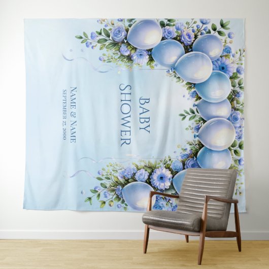 Blauwe ballonnen achtergrond wandkleed (In Situ (horizontaal))